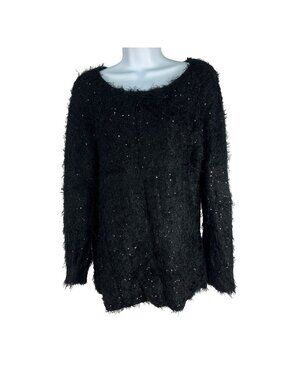 NY Collection Black Fluffy Sequin Sweater Womens Medium Long Sleeve Soft